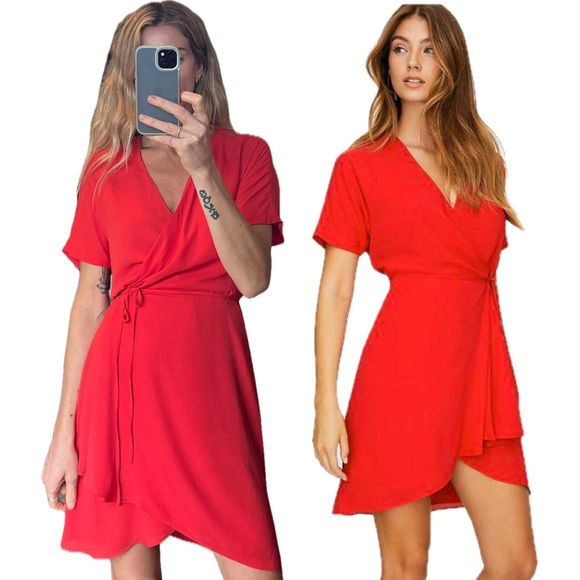 Babaton Dresses & Skirts - Babaton Aritzia Wallace Red Wrap Short Sleeve Mini Dress